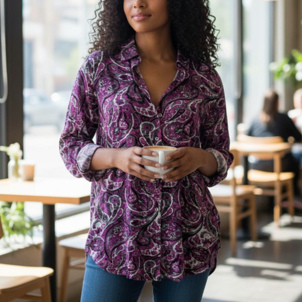 Soft Surroundings Gray Paisley Pink V Neck Button Down Top
